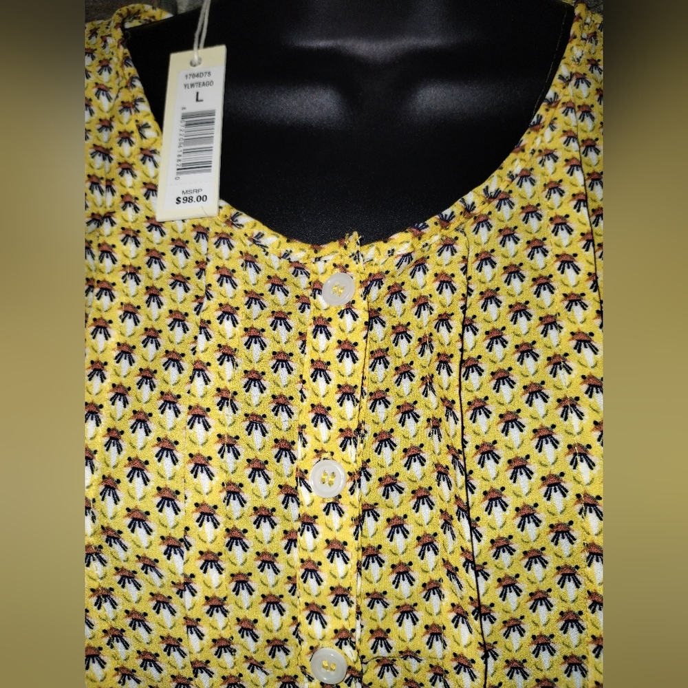 Max Studio NWT Yellow Patterned Blouse Ruffle Sleeves - Picture 2 of 9